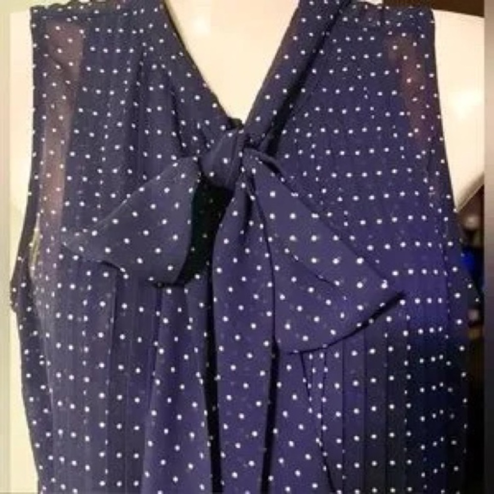 Sleeveless Navy Polka Dot Tie-Neck Blouse - Picture 2 of 3